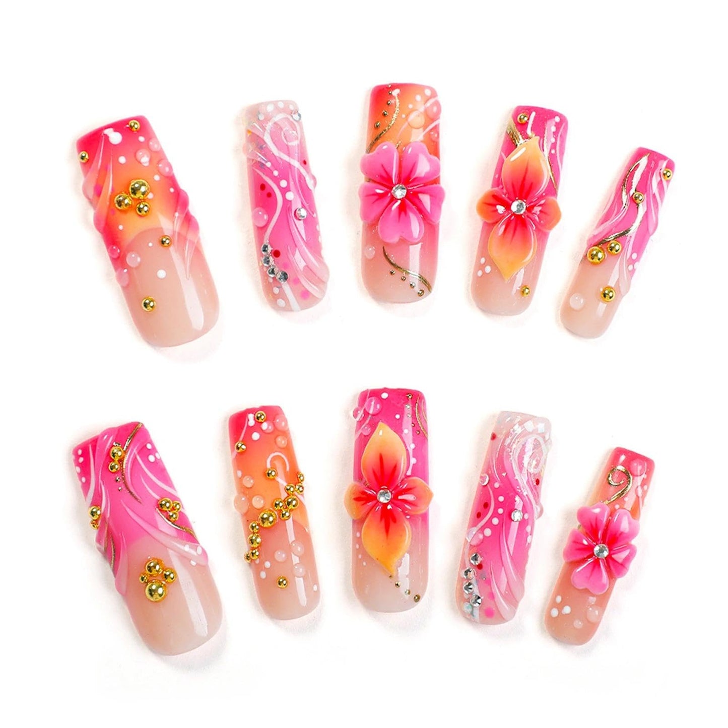 Handmade 3D Floral Square Press On Nails, Pink Gradient Luxury Artisan Nails Set, Reusable Glossy Press-ons with Tool Kit (S)