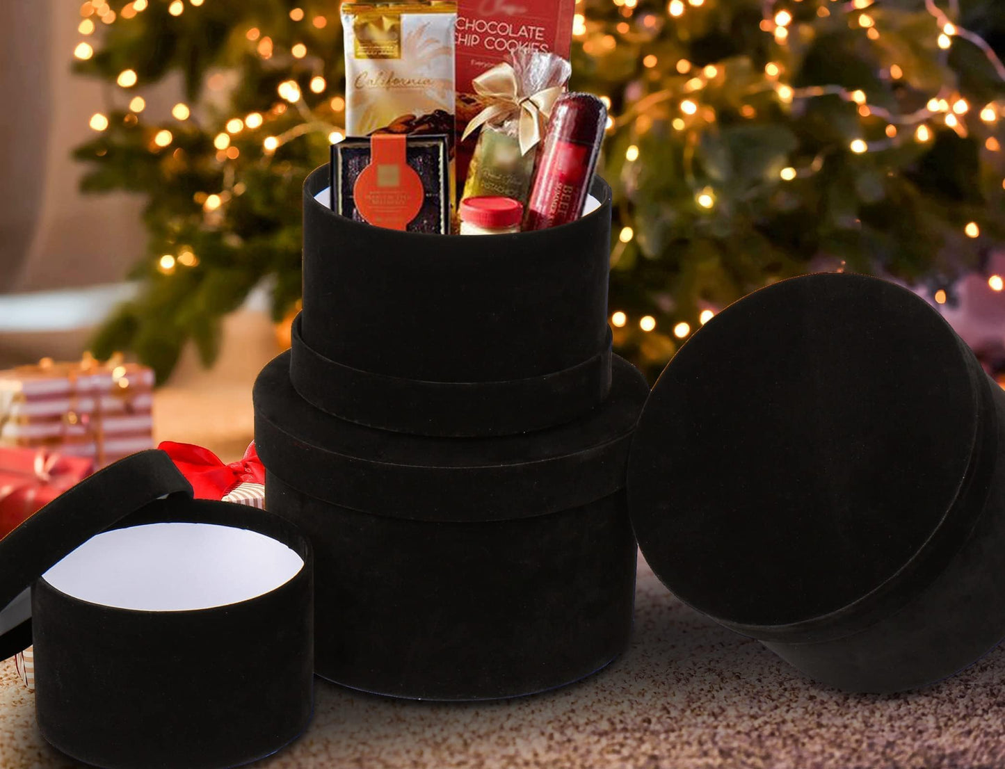 GnFlus Black Gift Boxes with Lids for Presents Set of 4 Round Velvet Nesting Gifts Box for Arrangements Flowers Wedding Birthday Mothers Valentines Day Bridesmaid Christmas Party Anniversary