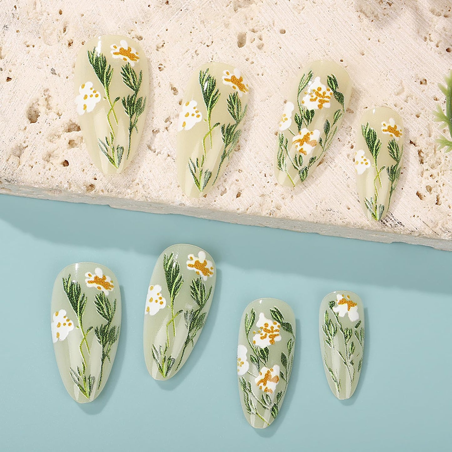 Press on Nails Medium Almond Shaped Flowers and Grass Pattern Design Acrylic Fake Nail Full Cover Glossy Artificial Fingernails Blossom Stick on Nail Press Ons Reusable Glue on Nails for Women 24Pcs