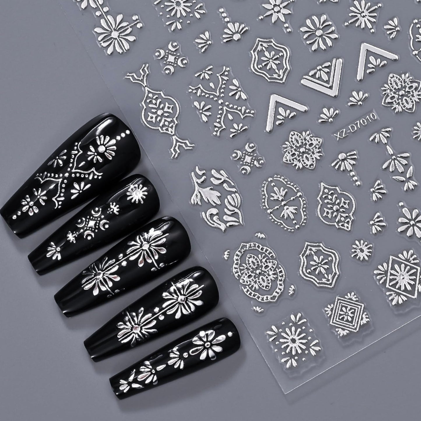 12 Sheets Silver Nail Art Stickers, 3D Self-Adhesive Bronzing Sun Moon Stars Bow Designs Nail Sticker Acrylic Manicure Decals Decorations Accessory for Women Girls