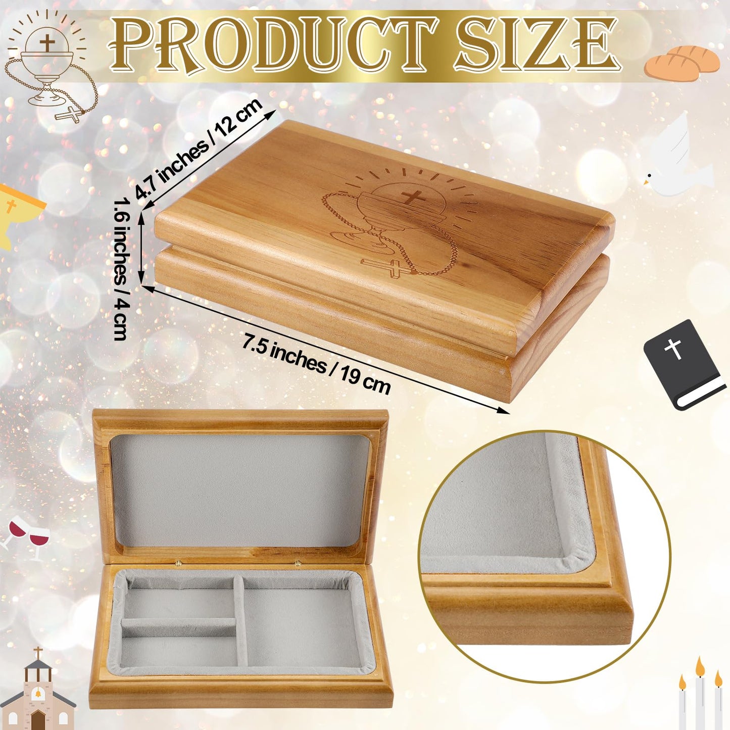 Threehoney First Communion Valet Box Wooden Jewelry Box with Felt Lining 7.5 x 4.7 x 1.6 Inch Personalized First Holy Communion Gifts for Religious Keepsakes and Rosary Beads Storage