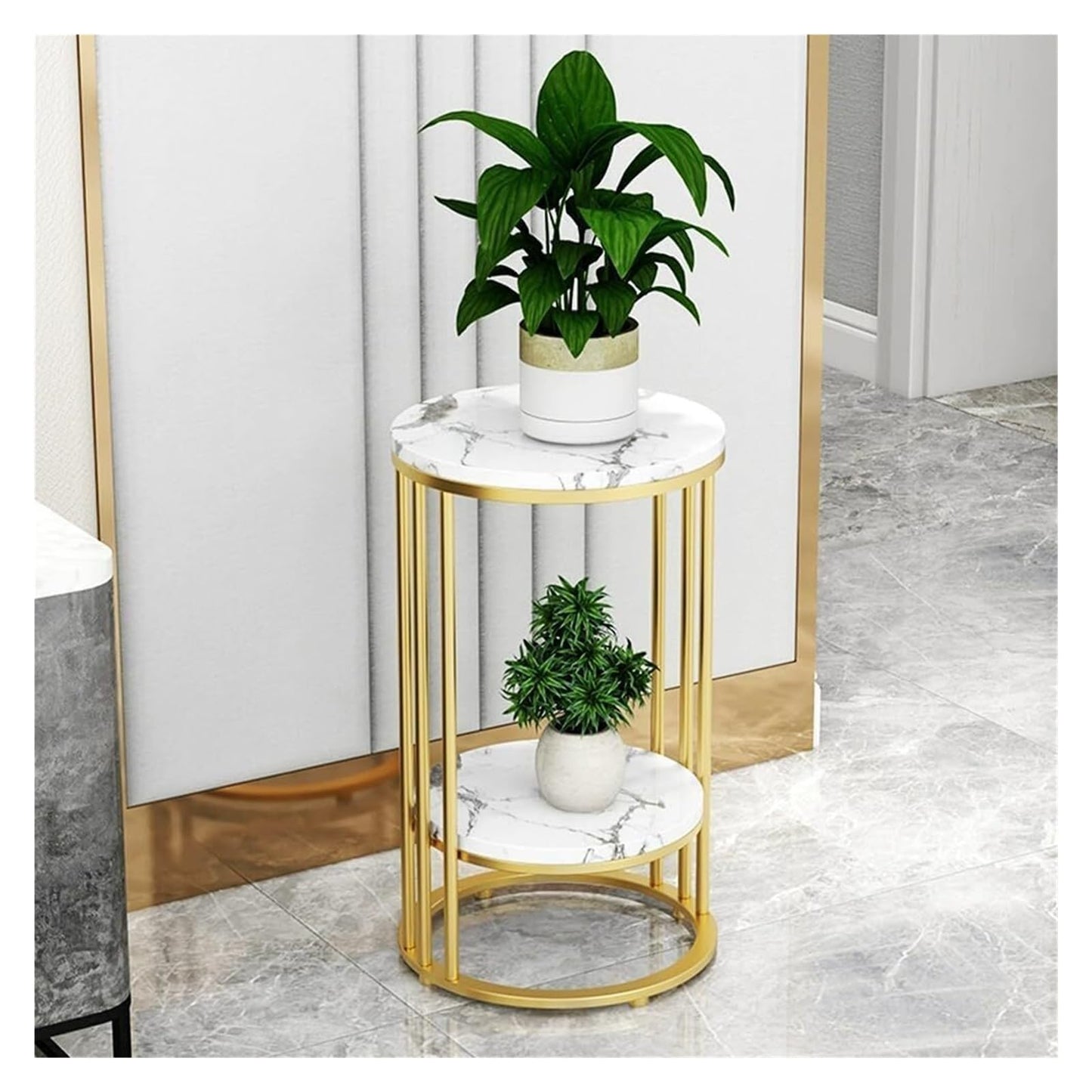Tall Plant Rack, Flower Stand, Round Marble Sofa Side Table, 2 Tiers Small Coffee Table,for Families