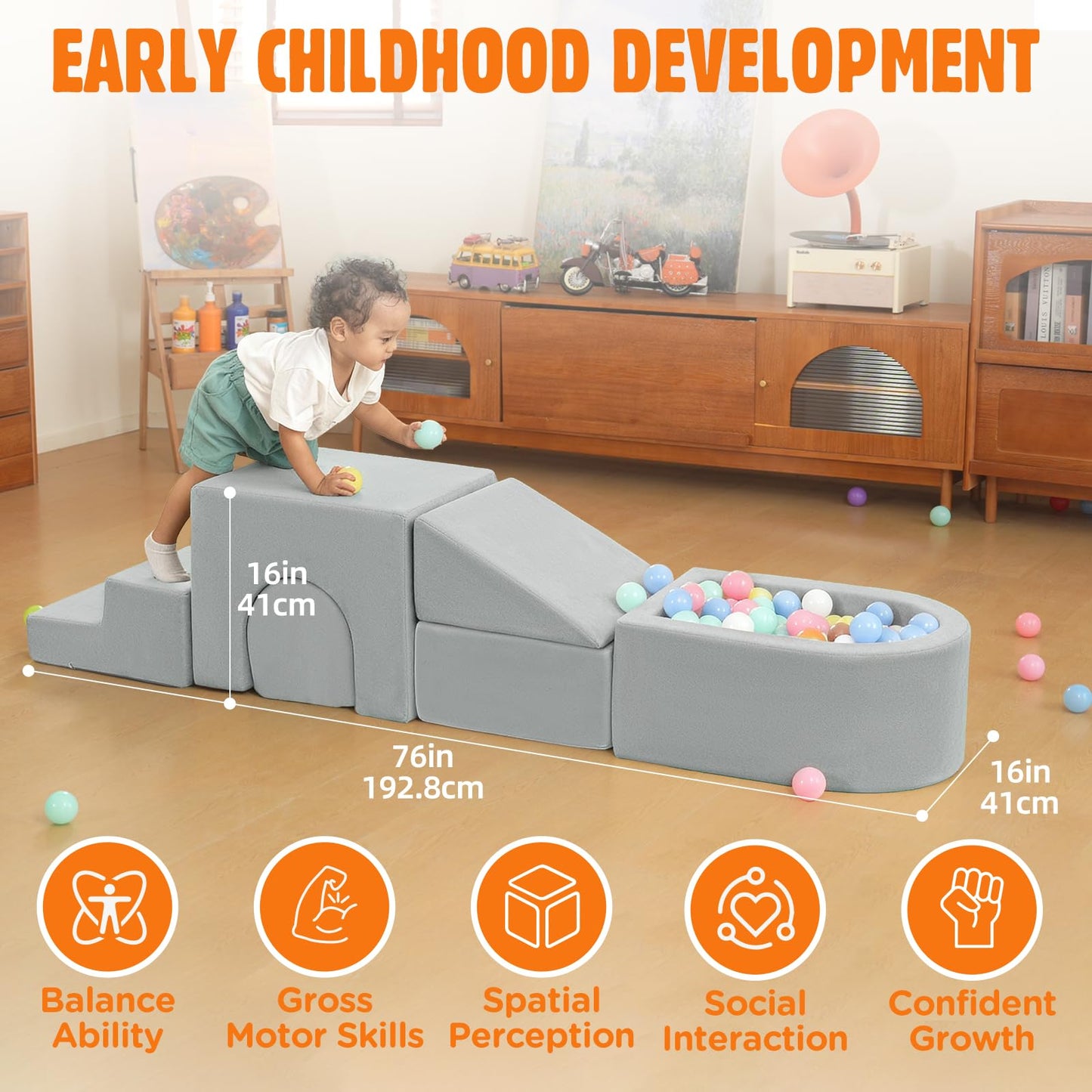 VENSEEN 6-Piece Baby Climbing Toys Set, Soft Foam Climbing Blocks with Ball Pool, Indoor Play Gym for Toddlers 1-3, First Gift for Crawling, Sliding