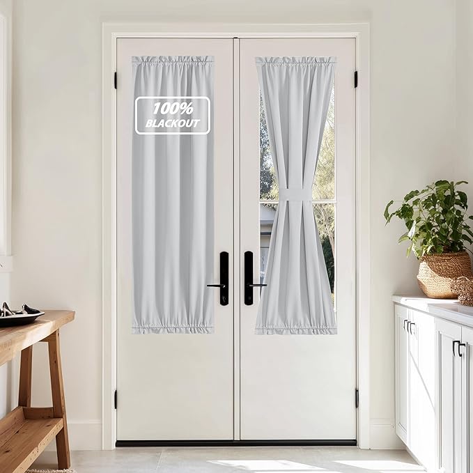 NICETOWN 100% Blackout Door Curtain Thermal Insulated Privacy Curtain for French Front Door with Tieback, Room Darkening Window Covering for Kitchen, W25 x L64, 1 Panel, Greyish White