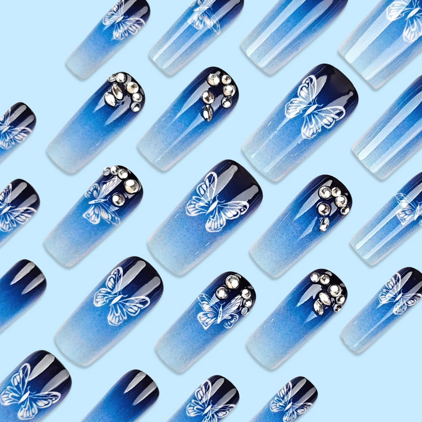 Gradient Blue Press on Nails Medium Square Fake Nails with Butterfly Designs Spring False Nails Rhinestones Acrylic Nails Glossy Glue on Nails Full Cover Stick on Nails for Women 24Pcs