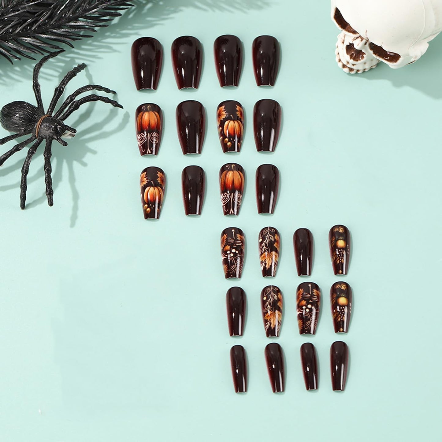 Fall Press on Nails Brown Coffin Nail Press ons Medium Length Maple Leaves Fake Nails with Pumpkin Design Halloween Glue on Nails Gradient Autumn False Nail for Women