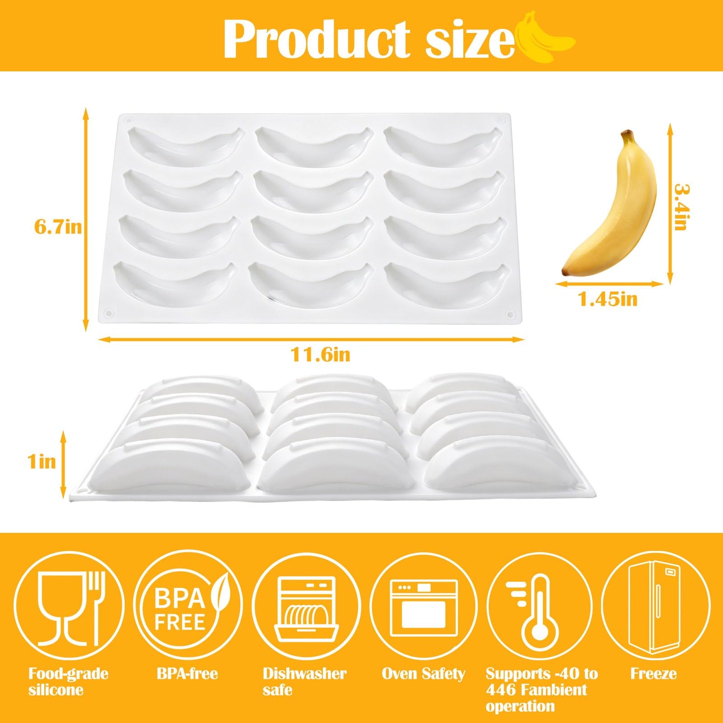 Palksky Banana Silicone Molds, 12 Cavity 3D Banana Shape Baking Mold for Chocolate, Cake, Dessert, Pudding, Bread, Ice Cube, Non-Stick Fruit Pastry Molds