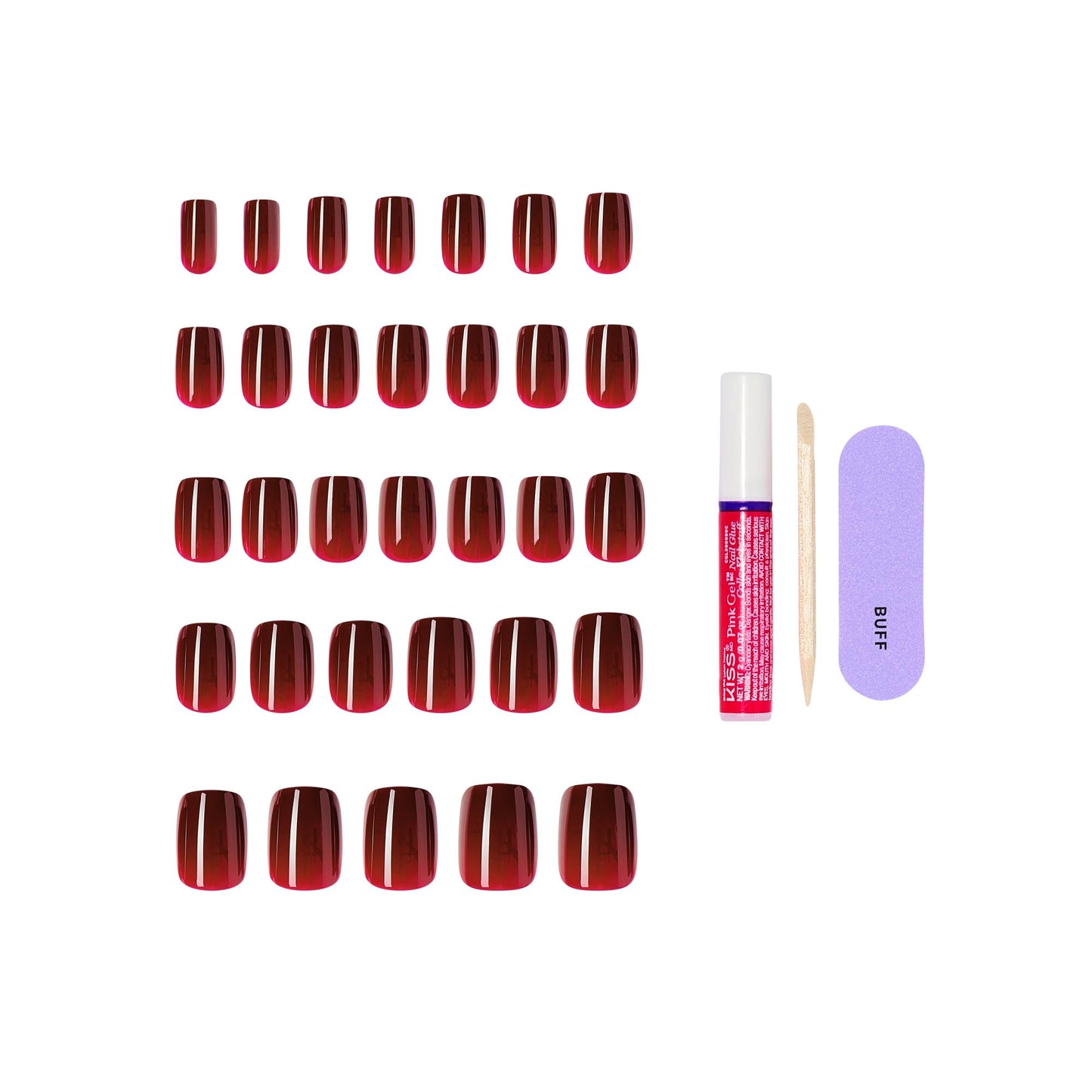 Kiss Core, Press On Nails, Nail glue included, 'Sprightly', Red, Short Size, Squoval Shape, Includes 32 Nails, 2g Glue, 1 Manicure Stick, 1 Mini File