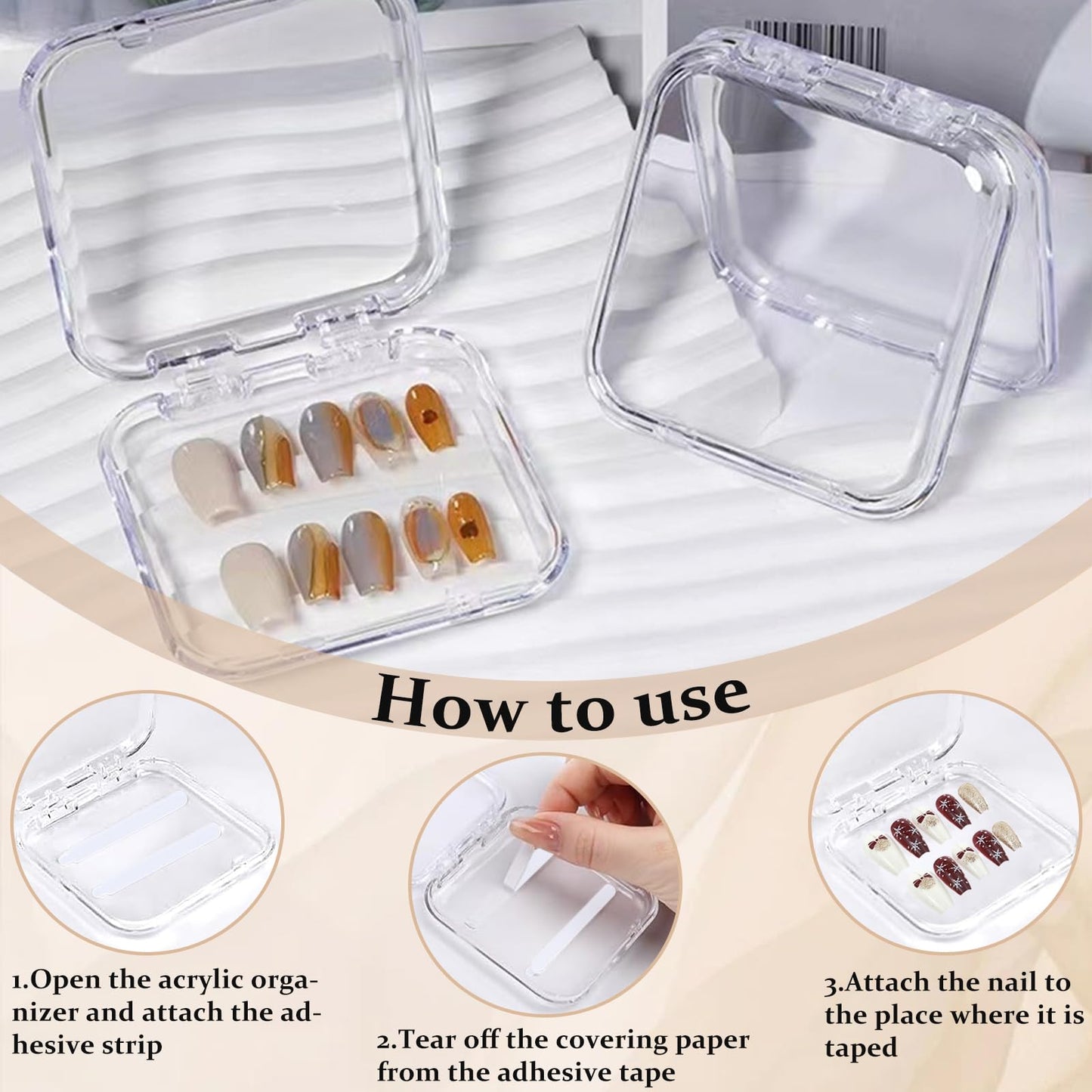 Oskrieel Press on nail storage 14 PCS Acrylic Nail Storage Box - Portable Versatile Organizer for Press - On Nails, Jewelry and More with 60 Pcs Adhesive Double Sided Tape