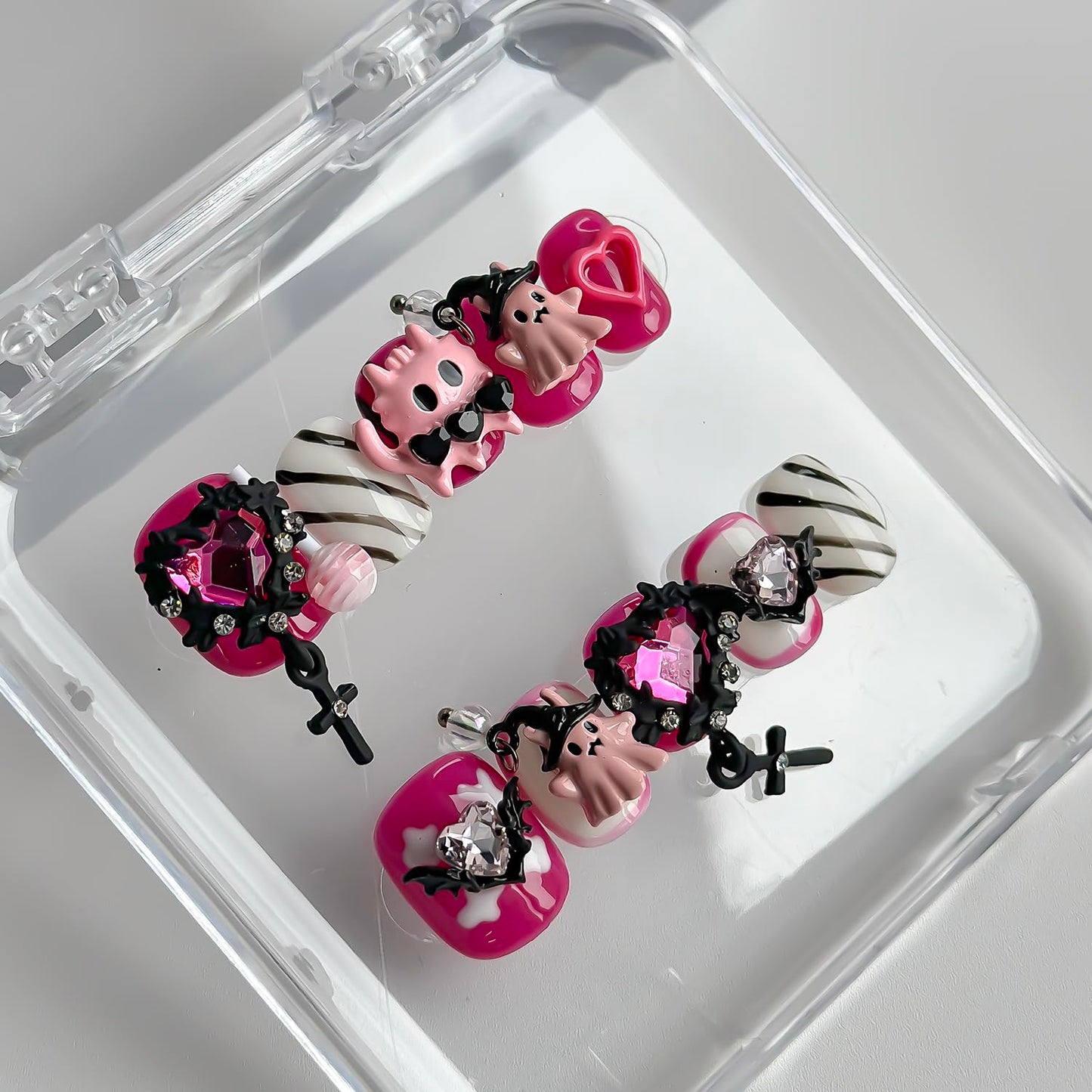 Halloween Press on Nails Short Square Cute Handmade Nails 3D Unique Reusable ABS Material Fake Nails Pink False Nails with Designs Cute Ghost Heart Charms Glossy Glue on Nail Thick Acrylic Nail(M)