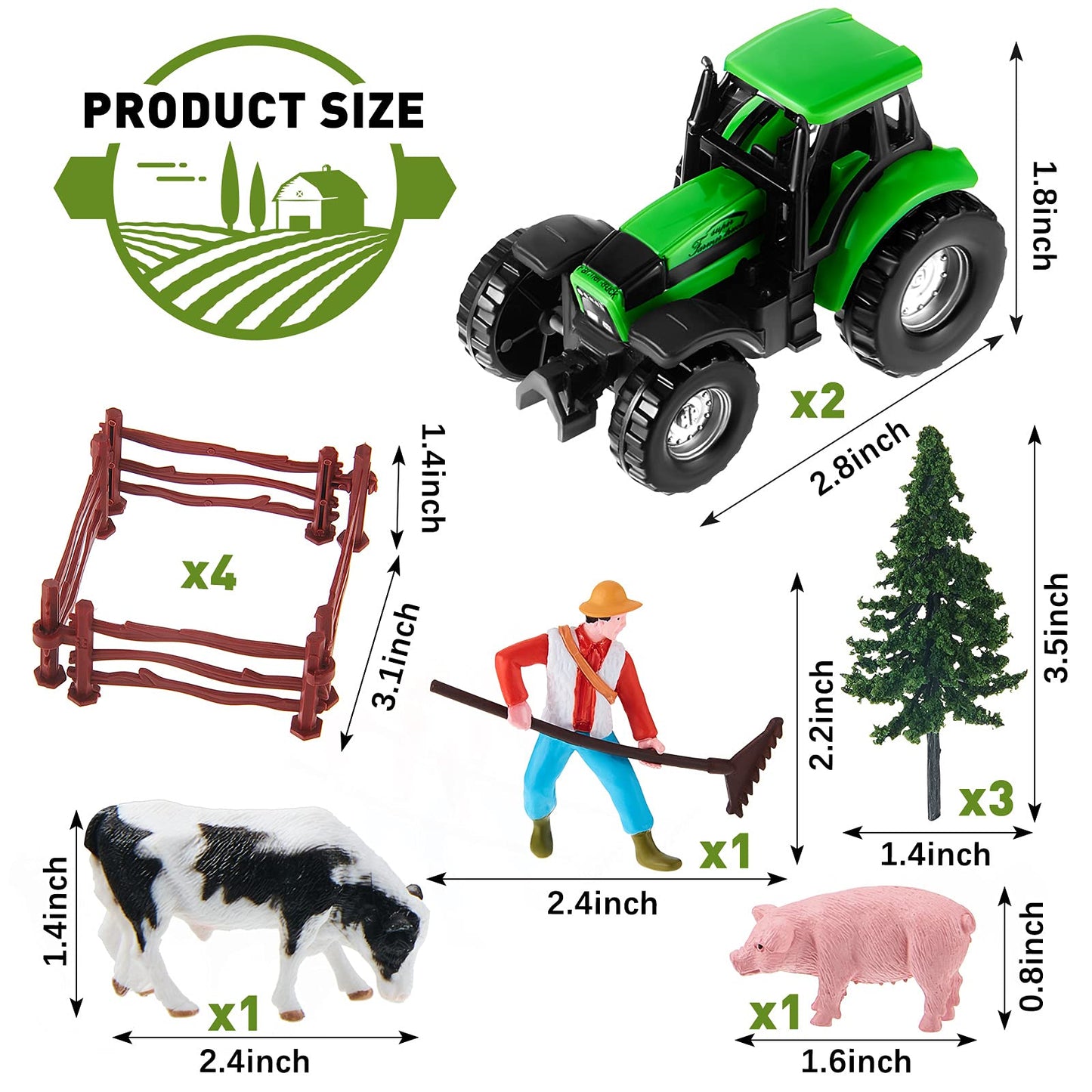 12 Pieces Tractor Cake Topper Set with Tree Farmer Fences Mini Barn Animal Figurines for Farm Animal Theme Party Birthday Party Decorations