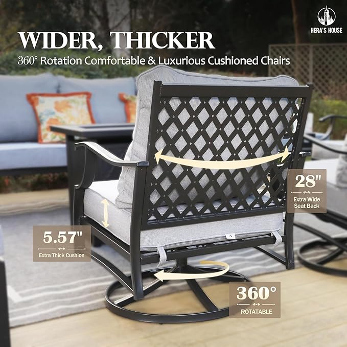 HERA'S HOUSE 5 Piece Patio Furniture Set, 2 x Swivel Chair, 2 x Ottoman, 1 x 3-Seat Sofa, All Cushioned Outdoor Conversation Set for Lawn Garden Backyard Deck, Grey