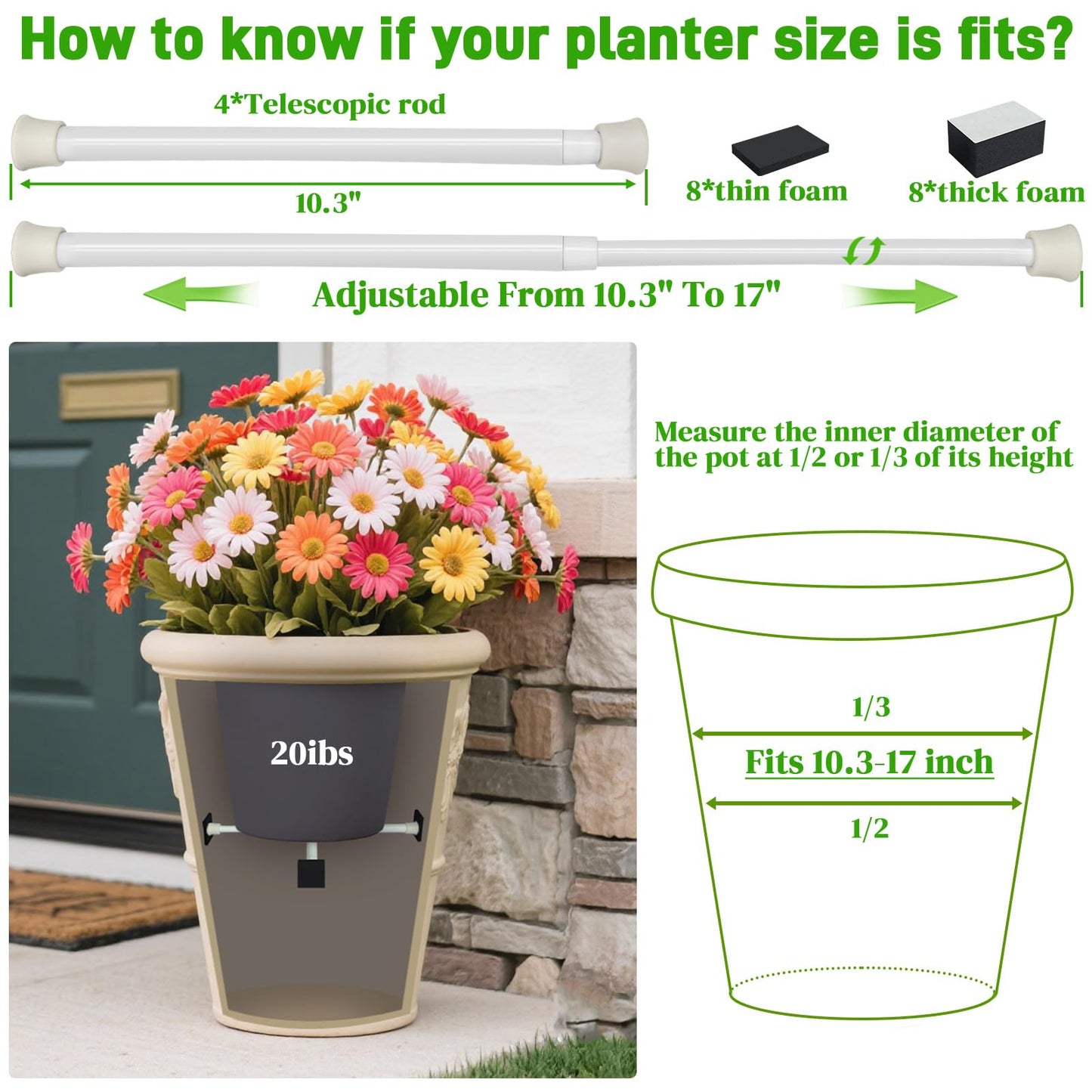 ISYOKE 2 Pack Adjustable Planter Inserts for Large Pots,10-17” Plant Risers for Inside Pots, Pot Fillers for Indoor Outdoor Tall Round Square Taper Planters