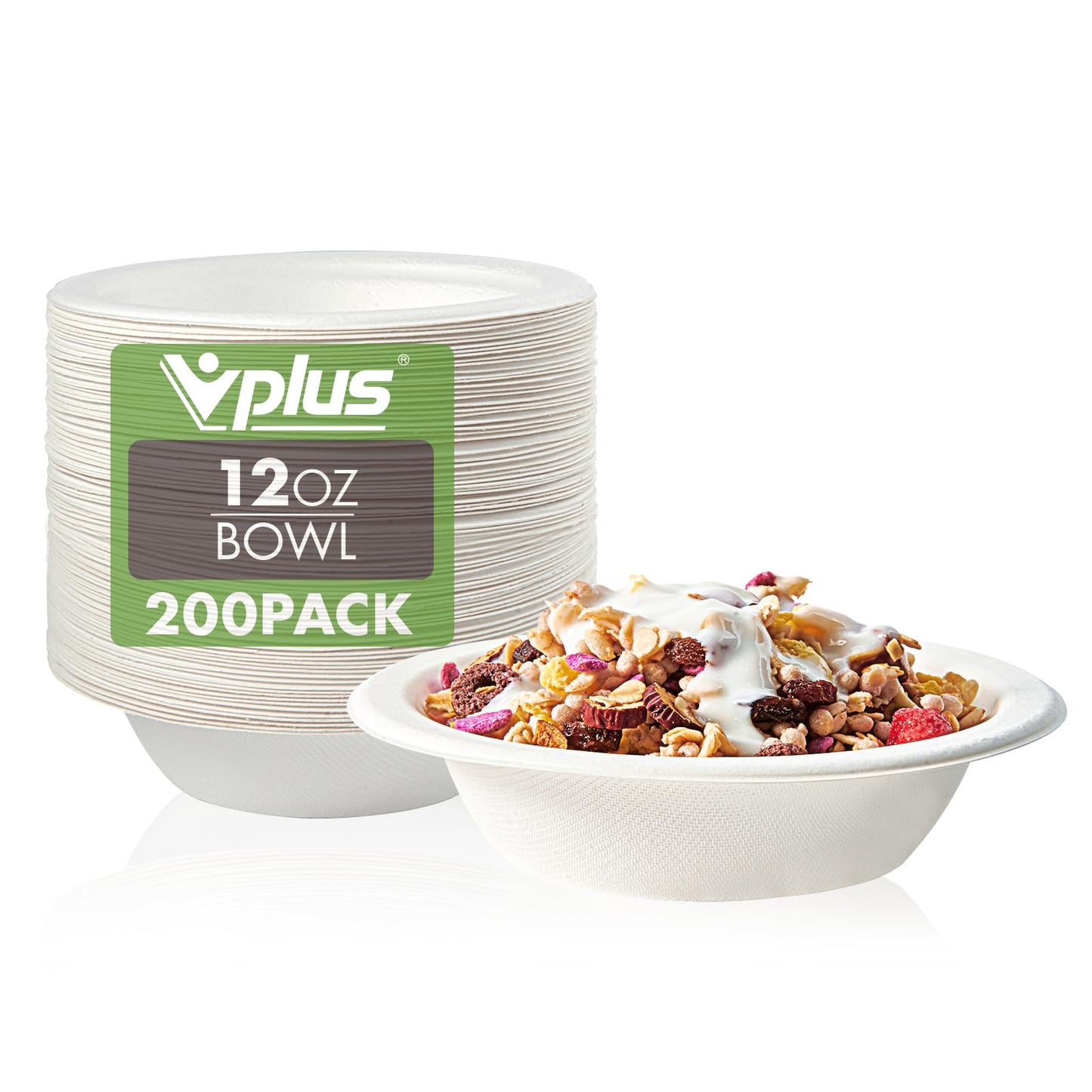 Vplus 200 Pack 12 OZ Paper Bowls, Disposable Compostable Bulk, Eco-friendly Bagasse, Heavy-duty Bowls Perfect for Milk Cereals, Snacks, Salads