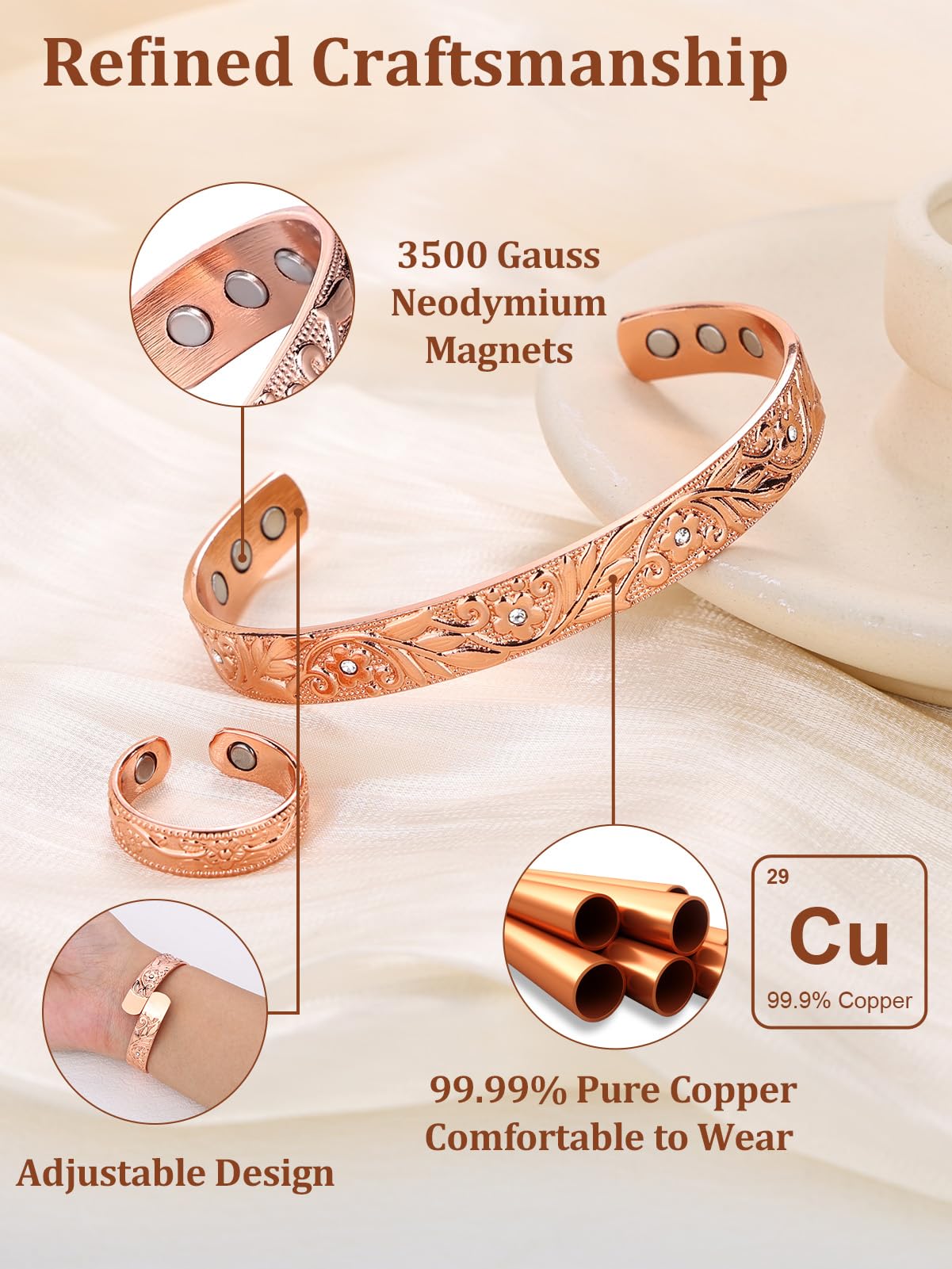 BioMag Copper Bracelet & Ring for Women, 99.99% Pure Copper Magnetic Bracelet Lymphatic Drainage Rings with 3500 Gauss Magnets, Adjustable & Flower Pattern (Rose Gold B)