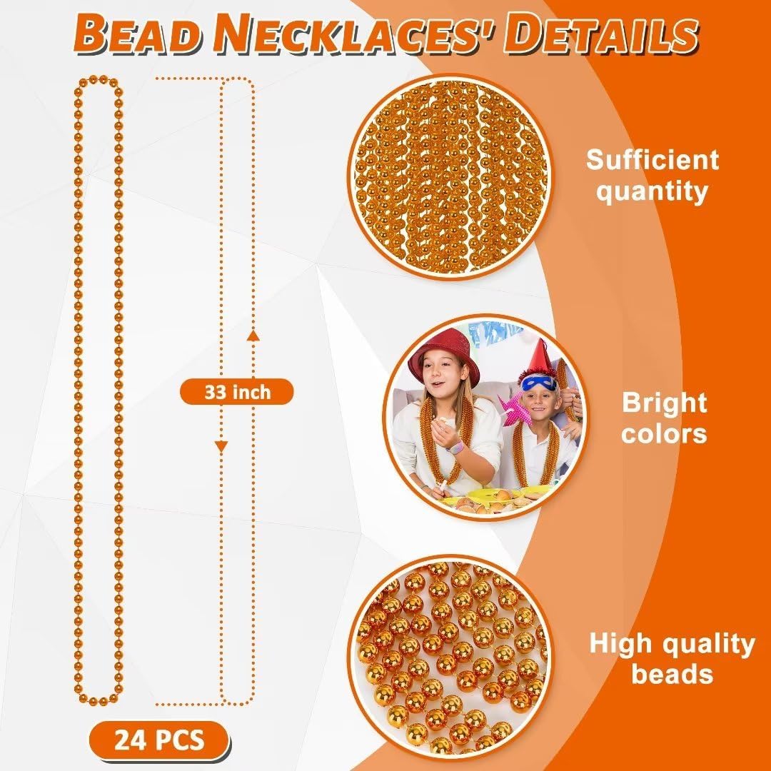 24PCS Bead Necklace, Orange Bead Necklaces Party Favors, 33" Mardi Gras Necklaces, Festival Parade Throw Accessories for Mardi Gras Halloween Wedding Celebrations Decorations
