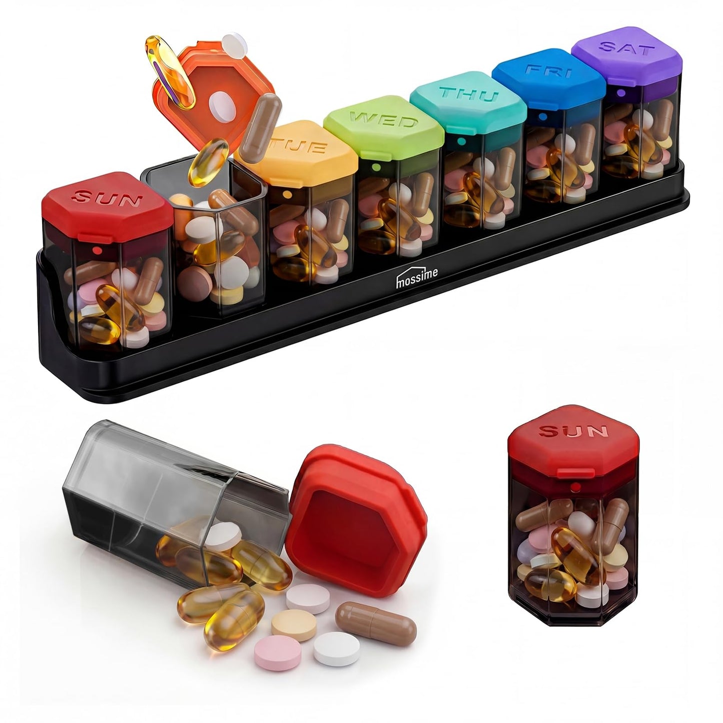 Large Weekly Pill Organizer 1 Time a Day, BPA-Free Pill Dispenser, 7 Day Removable Pill Box with Silicone Lids, Spill Proof Travel Case for Vitamins, Supplements & Daily Medication