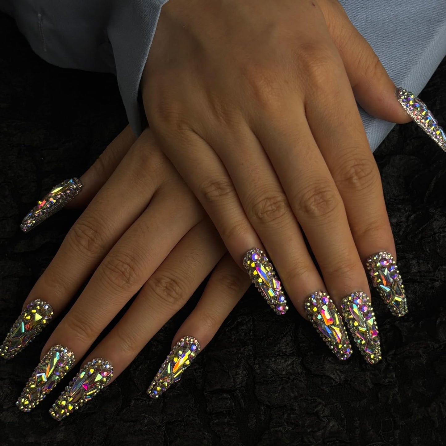 AKA Unicorn Trendy Handmade Press On Nails Long Square Shape,10Pcs Crystal AB Diamonds Acrylic Fake Nails with 3D Rhine Stone Luxury Design Stick On Nail for Woman Gift