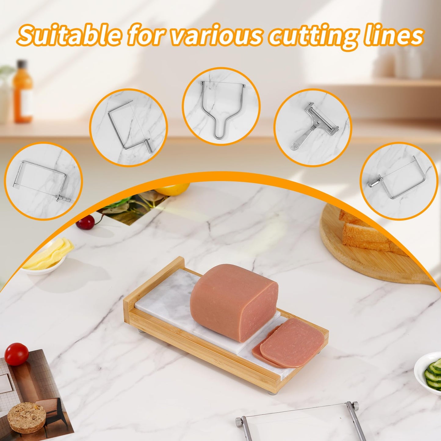 Xinglinsaiter Cheese Slicer Cheese Cutter with 4 Replacement Wires,High & Low Marble Cutting Table Top,with cutting Wire replacement device,for Block Cheeses, Butter, Sausage etc.(White)