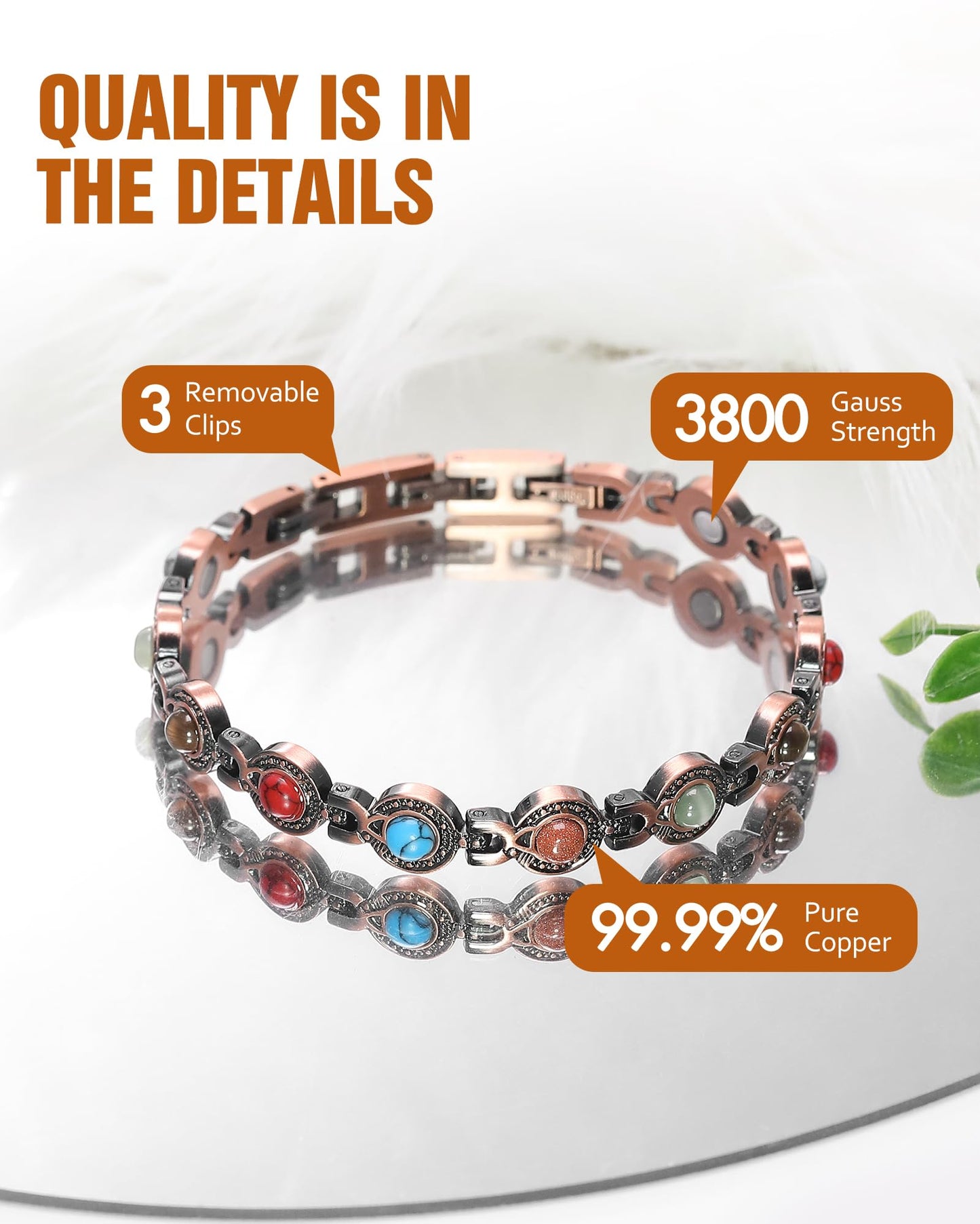 Jecanori Copper Bracelets for Women, Magnetic Bracelets for Women with 3800 Gauss Ultra Magnets and Sizing Tool, Elegant Round Gemstone