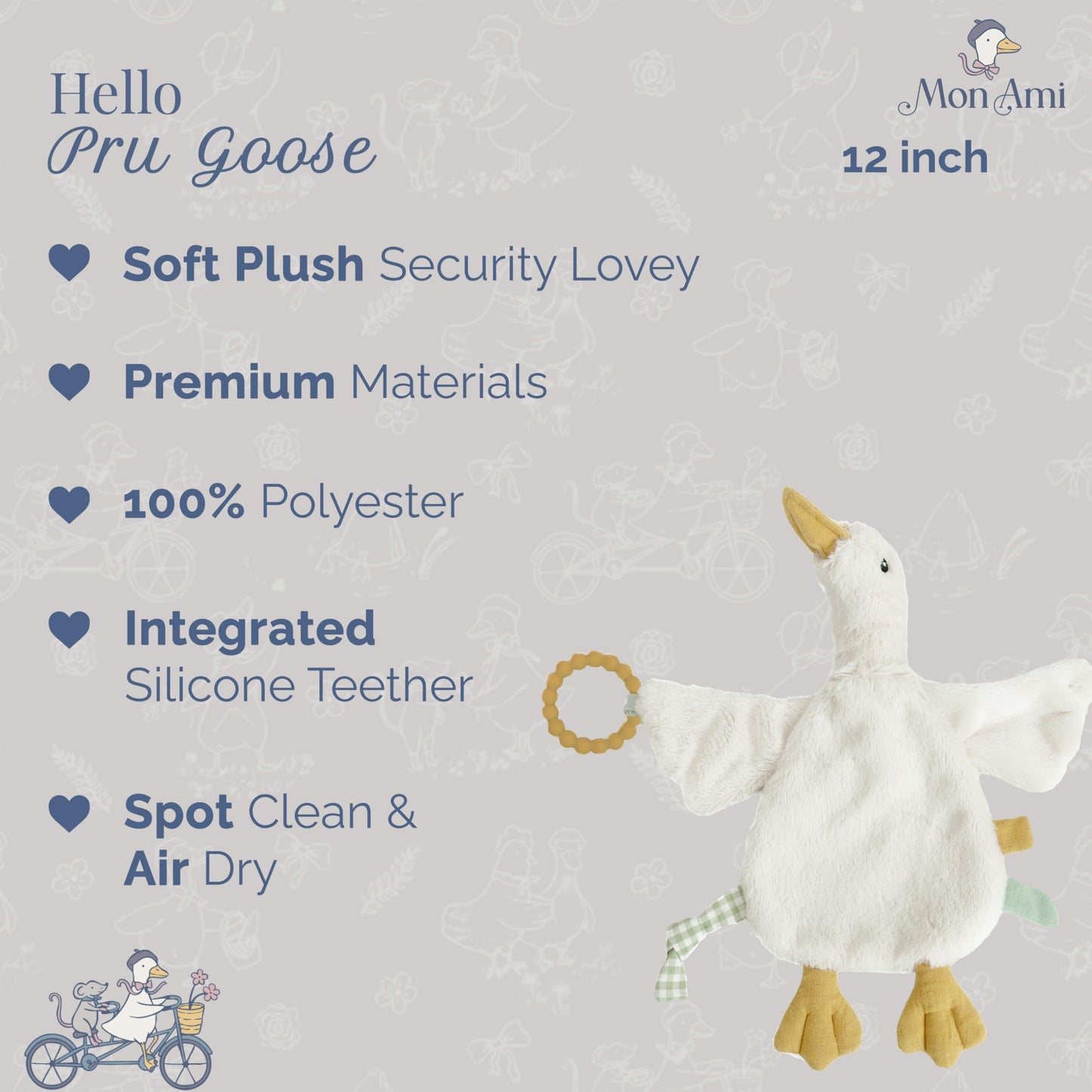 MON AMI PRU Goose Teether Lovie | 12-Inch Baby Security Blanket with Silicone Teether | Soft Plush Lovey for Teething Relief & Comfort