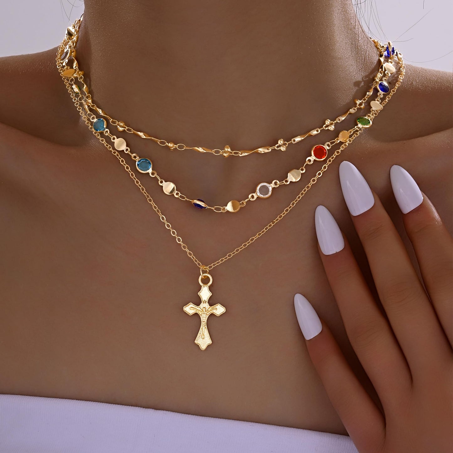 3PCS Layered Gold Cross Necklaces for Women Trendy, Bohemian Bead Pearl Y Long Pendant Necklace Set, Vintage Rosary Necklace Stack Adjustable Length