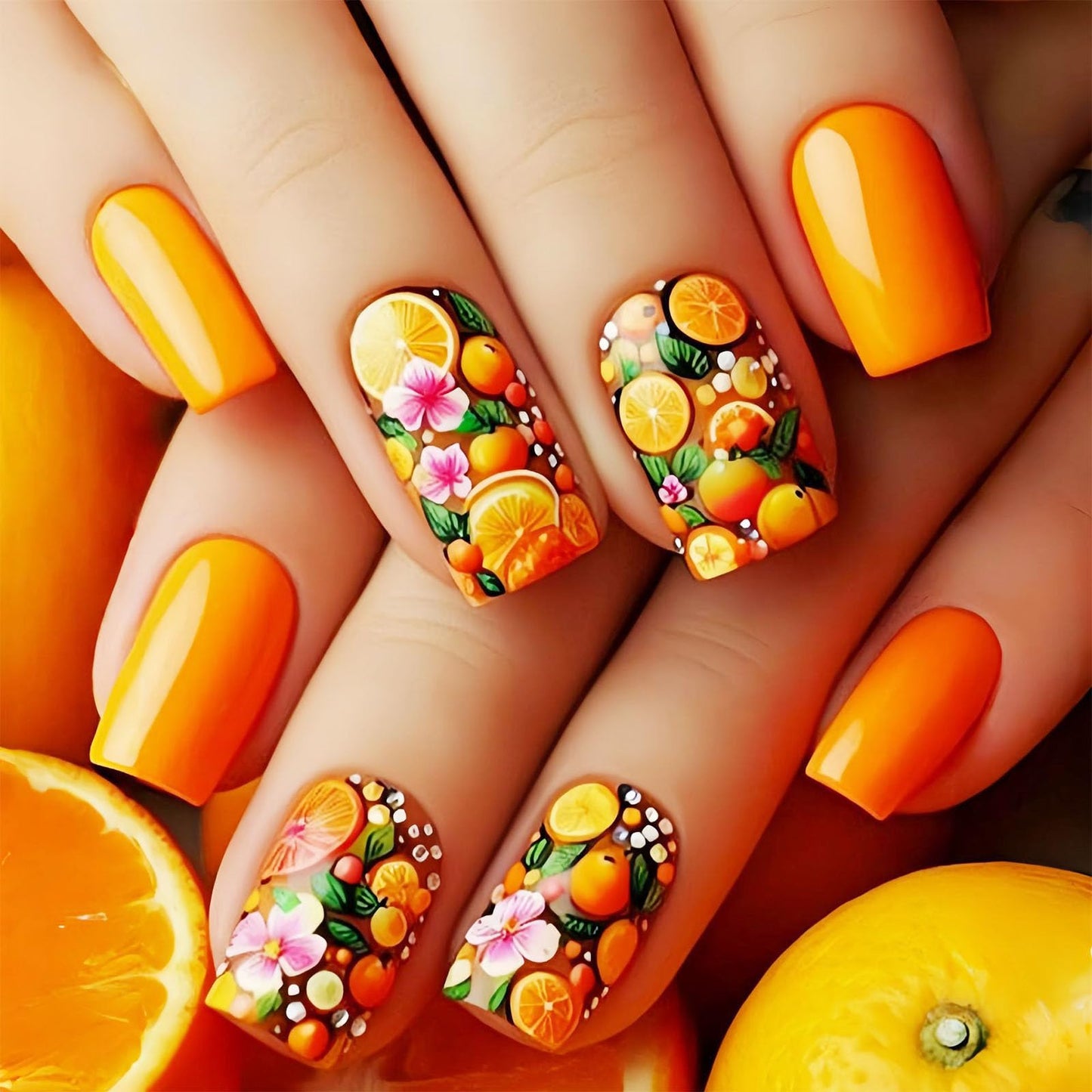 Medium Press on Nails Square Fake Nails with Pink Flower Green Leaves Designs Glossy Nails Press ons Orange Full Cover Glue on Nails Cute Acrylic Nails Artificial Stick on Nails for Women 24Pcs