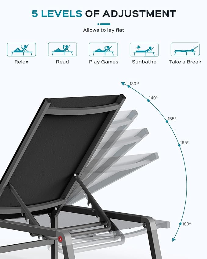 Aluminum Chaise Lounge Ourdoor - Foldable & Assemble Free Outdoor Lounge Chair with 5 Adjustable Backrest, Patio Lounge Chair for Outside Poolside Beach Pool, Black