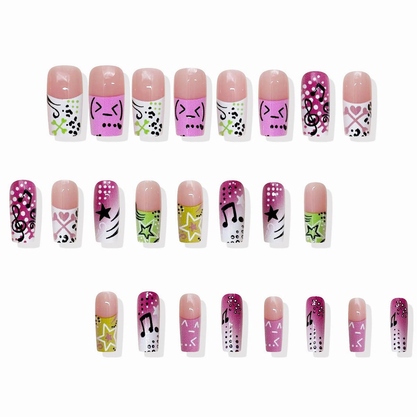 MISUD Press on Nails - Long Square Fake Nails with French Tip, Acrylic Y2K Star Design 24 pcs