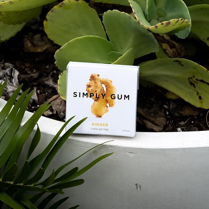 SIMPLY Gum Ginger, Plastic-Free Natural Chewing Gum, Made with real Ginger, 6 Pack (90 Pieces) | Vegan, Kosher, Non GMO, Aspartame Free and Sorbitol Free