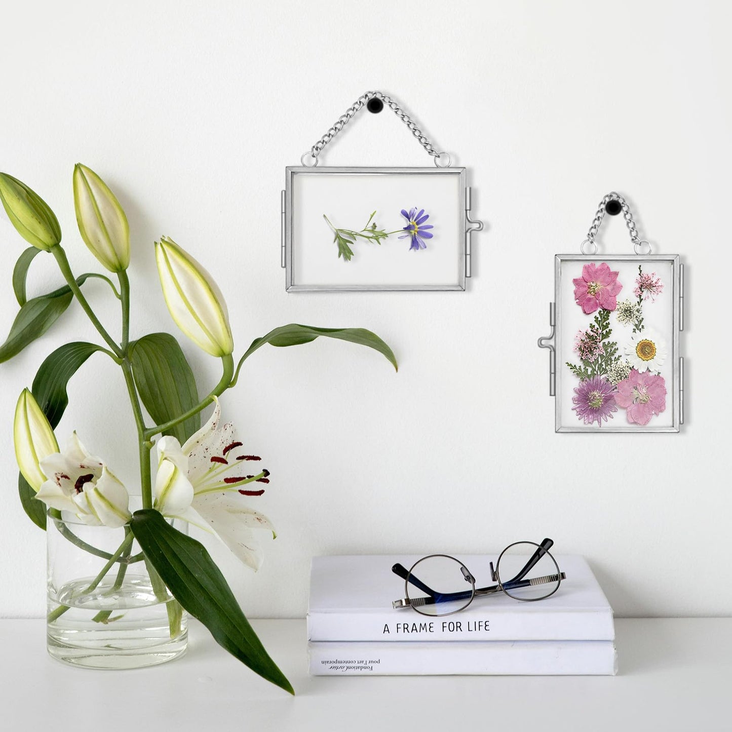 2Pcs Double Glass Frame for Pressed Flowers, 2x3 inch Picture Frame Mini Brass Wall Hanging Photo Frames Floating Frame with Chain for Plant Specimen Artwork Display Home Wall Decor (Silver, Horizontal)