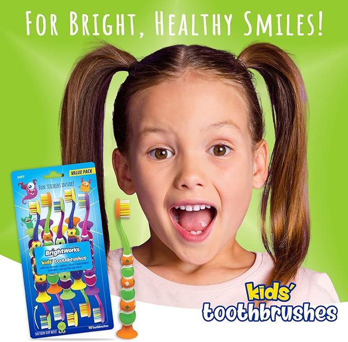 BrightWorks Kids’ Suction Cup Toothbrushes (10-Pack), Soft Bristles, with Bonus Fun Monster Stickers. Children’s Size, Vibrant, Multiple Colors.