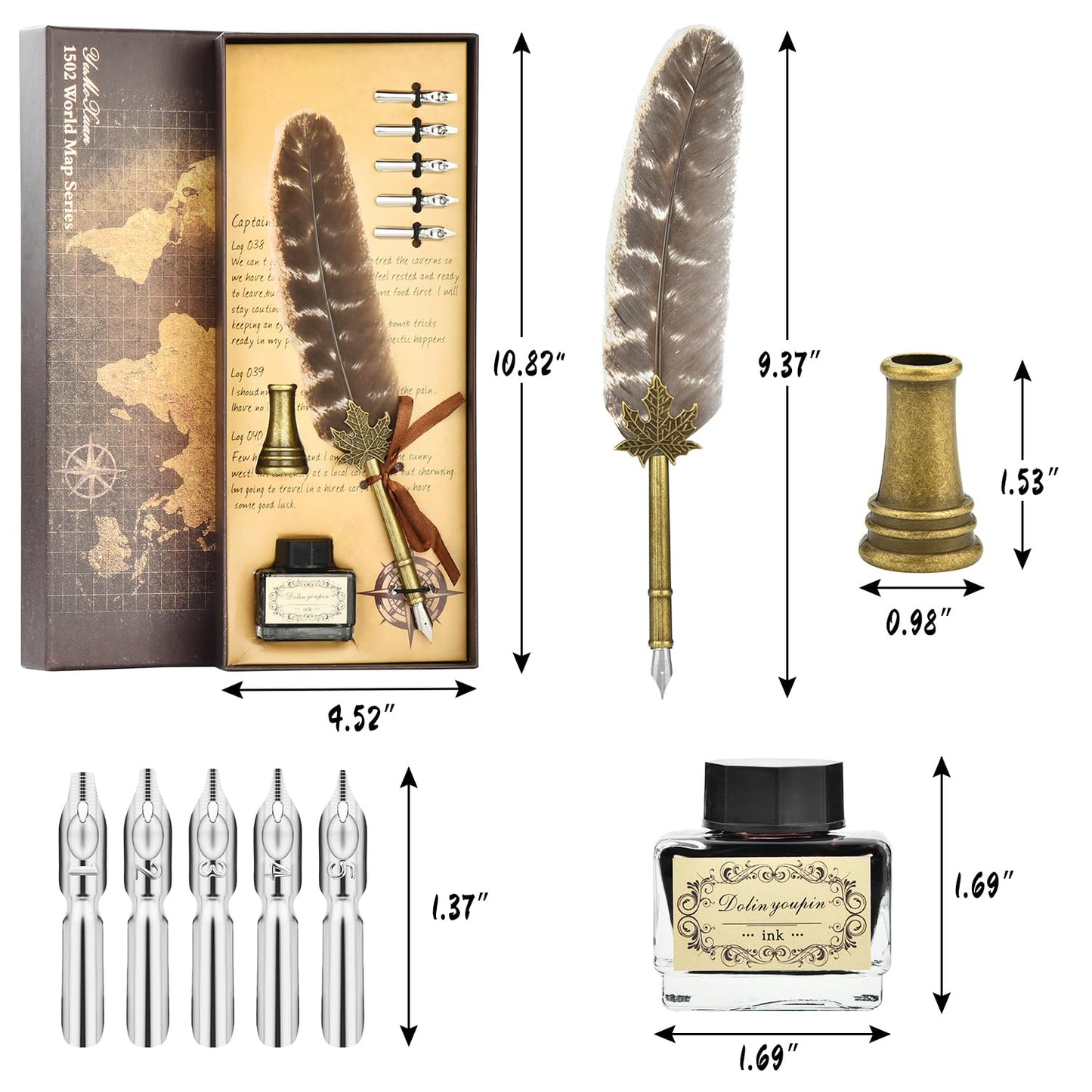 Hethrone Feather Pen and Ink Set - Calligraphy Quill Pen Set Includes Dip Pen, 5 Replacement Nibs and Pen Holder for Writing Lovers (Brown)
