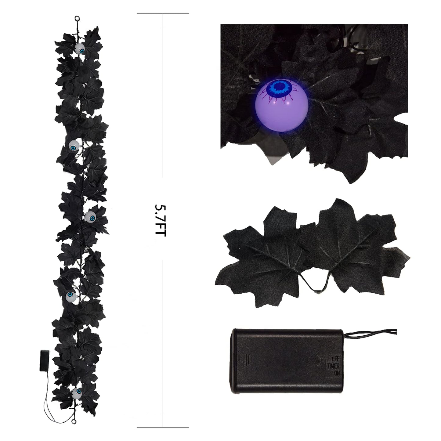 Black Maple Garland Halloween Decor Purple Lights Artificial Maple Wreaths for Wall Fireplace Outdoor Indoor Yard Haunted House Decoration