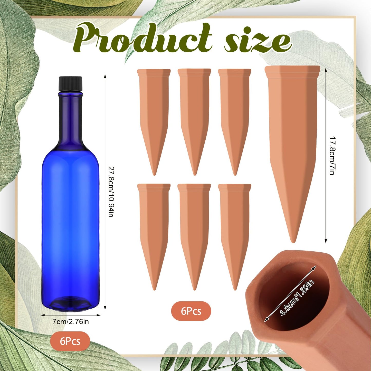 SiliFine 6 Sets Plant Watering Devices Include Terracotta Self Watering Spikes and 26 oz Plastic Bottles, Slow Release Vacation Insert Automatic Plant Waterer Device (Dark Blue and Terracotta)