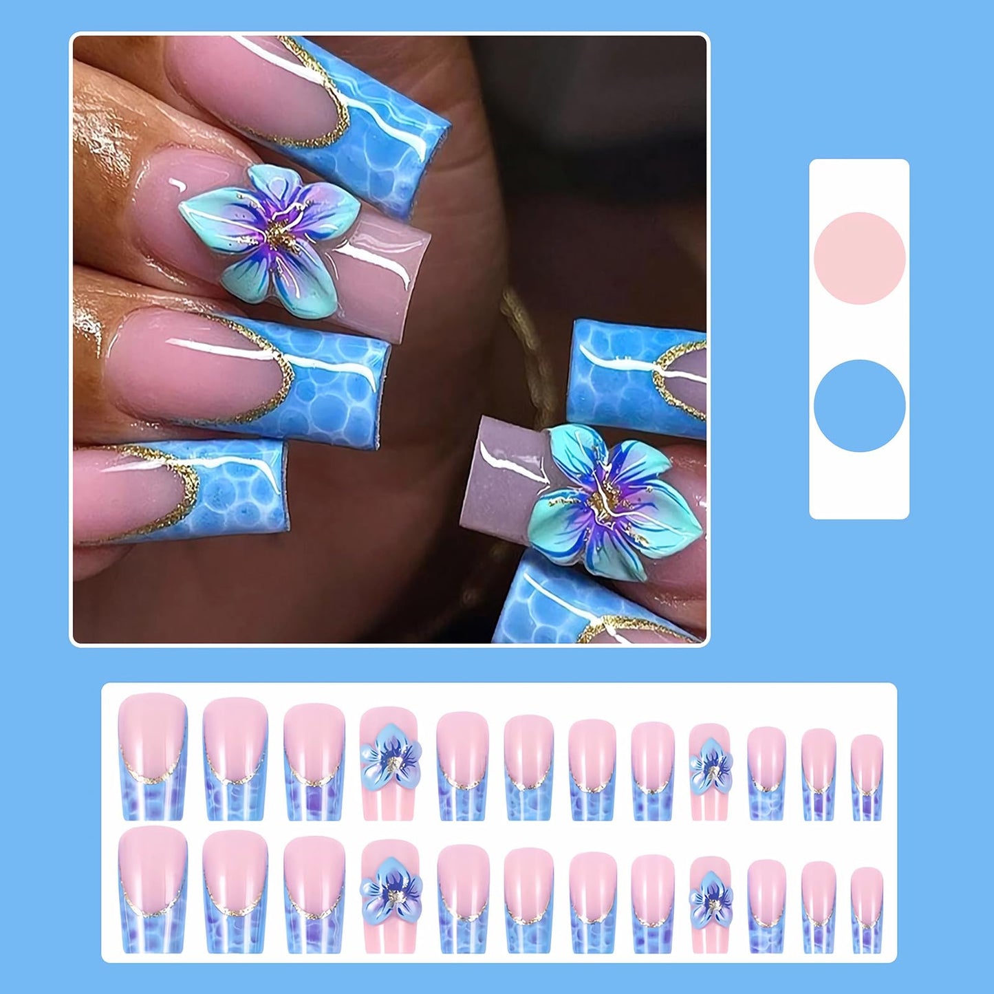 MISUD Press on Nails - Long Square Glue on Nails with Blue French Tip, Acrylic Flower Design 24 pcs