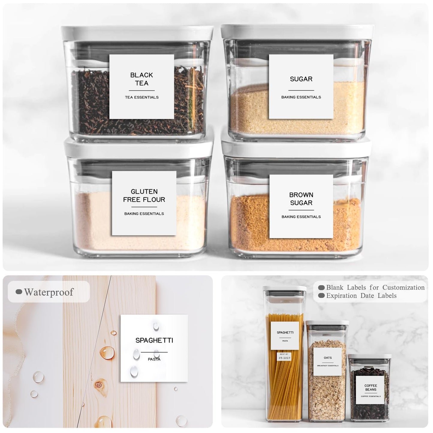 Kuocodall 288 Pantry Labels for Food Containers, Preprinted Minimalist Waterproof Stickers for Organizing Storage Bins, Jars and Kitchen