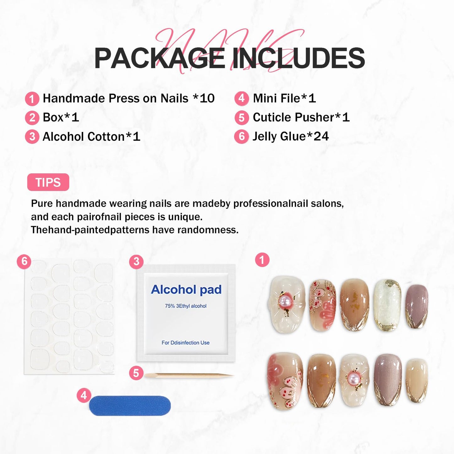 Pink Flower Press on Nails Luxury 3D Pearl Embossed Designs Muti-Layer Gel False Nails Full Cover Short Almond Acrylic Nails Handmade Press on Nails French Tip Stick on Nails for Women (Size M)