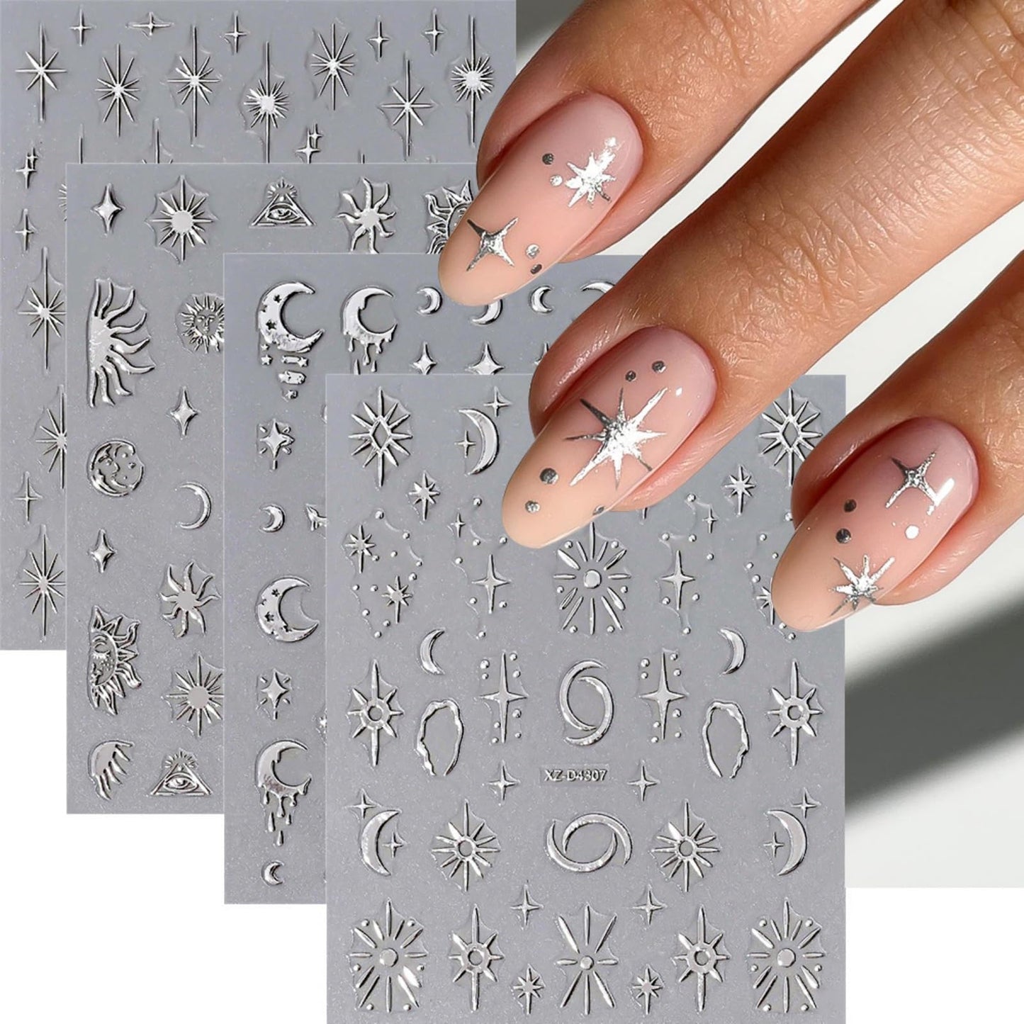 12 Sheets Laser Silver Nail Art Stickers, 3D Self-Adhesive Sun Moon Stars Designs Nail Sticker Acrylic Manicure Decals Decorations Accessory for Women Girls