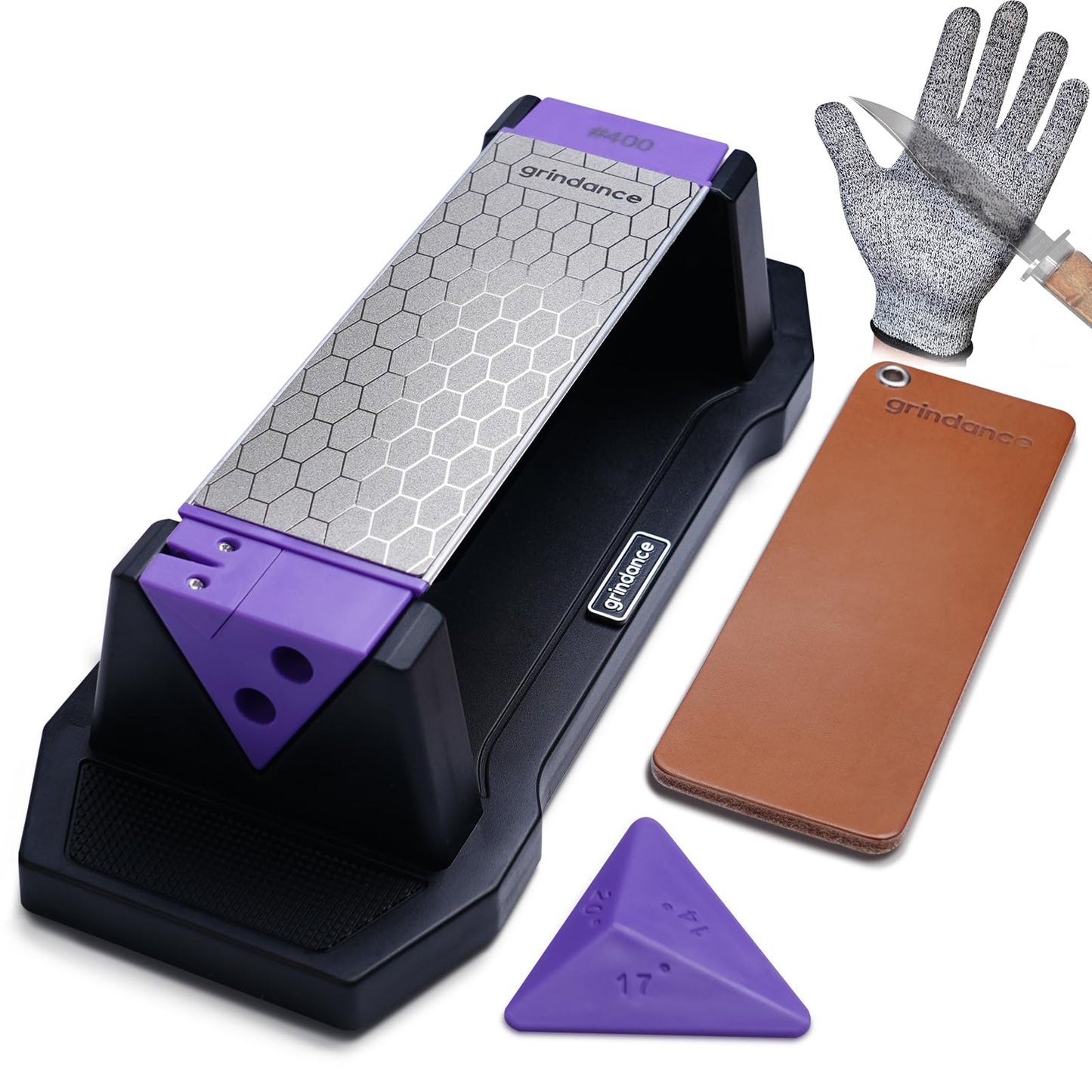Grindance 3-Sided Diamond Sharpening Stone 400/1000/8000 Grit Whetstone with Angle Guide, Non-Slip Base, Leather Strop & Glove Premium Knife Sharpener for Kitchen, Hunting & Outdoor