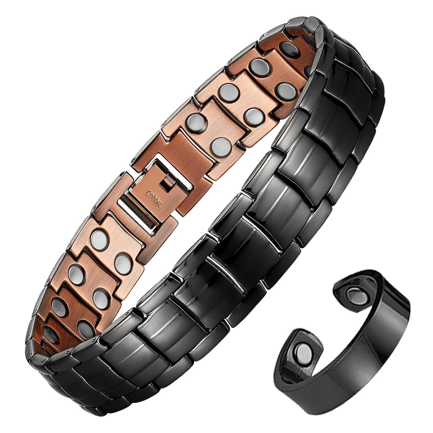 MagEnergy Mens Copper Magnetic Bracelets & Lymphatic Drainage Ring, 99.9% Pure Copper Bracelet with Double-Row Strength Magnets, Adjustable Jewelry with Sizing Tool（Black）
