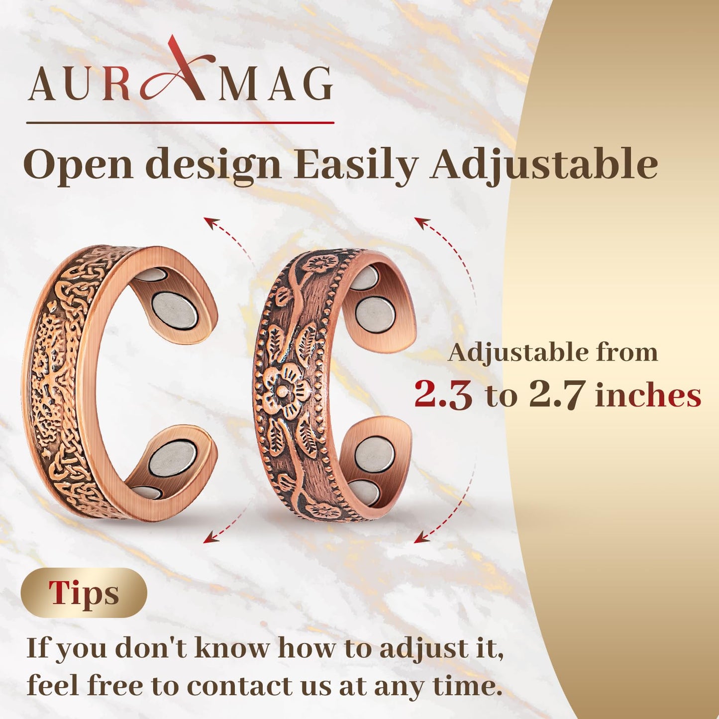 Auramag Copper Rings for Women, Magnetic Rings with 3500 Gauss Magnets, Adjustable, 100% Pure Copper, Lymphatic Drainage, Tree of Life & Plum Blossom Design
