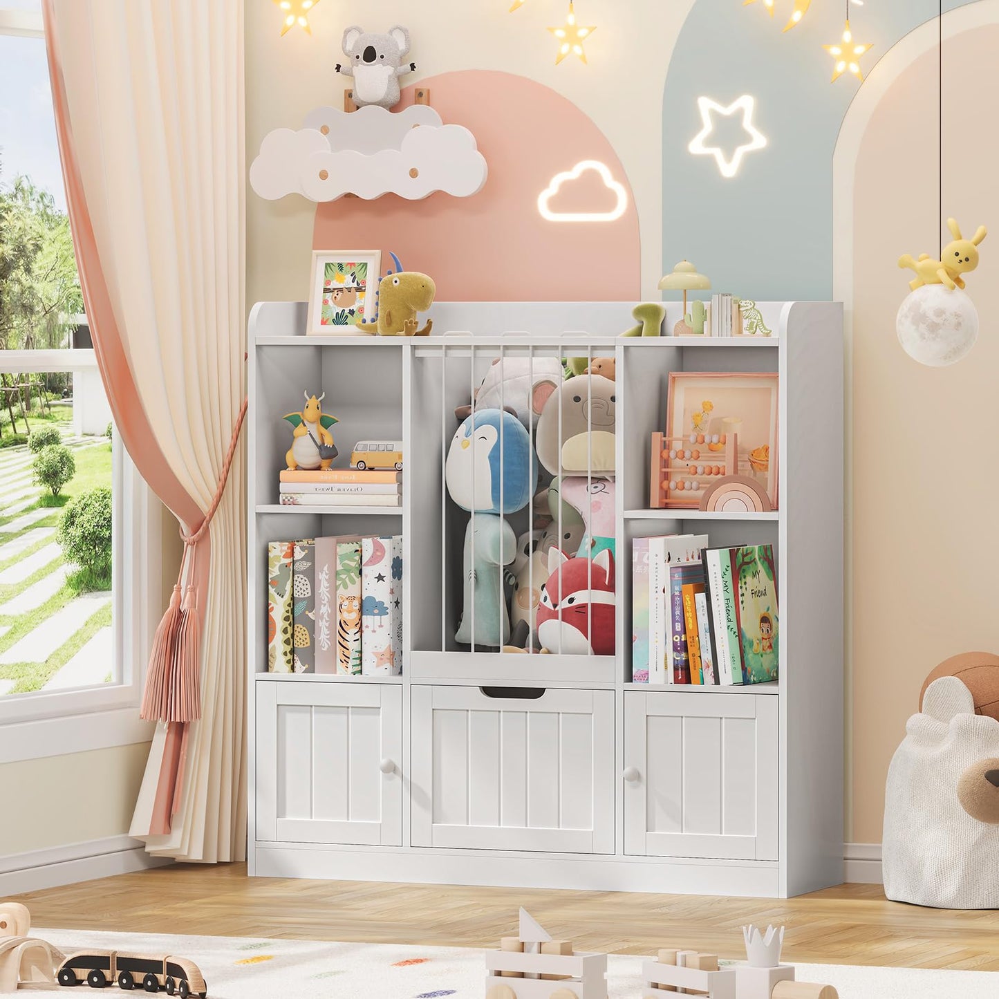 Vabches Toy Storage Organizer, Toddler Stuffed Animal Zoo with Drawer and Doors, Multi-Functional Kids Bookshelf Floor Storage Chest with 4 Storage Cubbies for Playroom, Kids Room, White