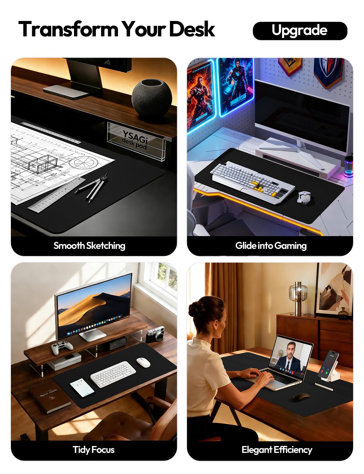 YSAGi Leather Desk Protector, Office Mat, Large Mouse Mat, Non-Slip PU Leather Blotter, Laptop Pad, Waterproof Writing Pad for Office and Home (Black, 47" x 17")