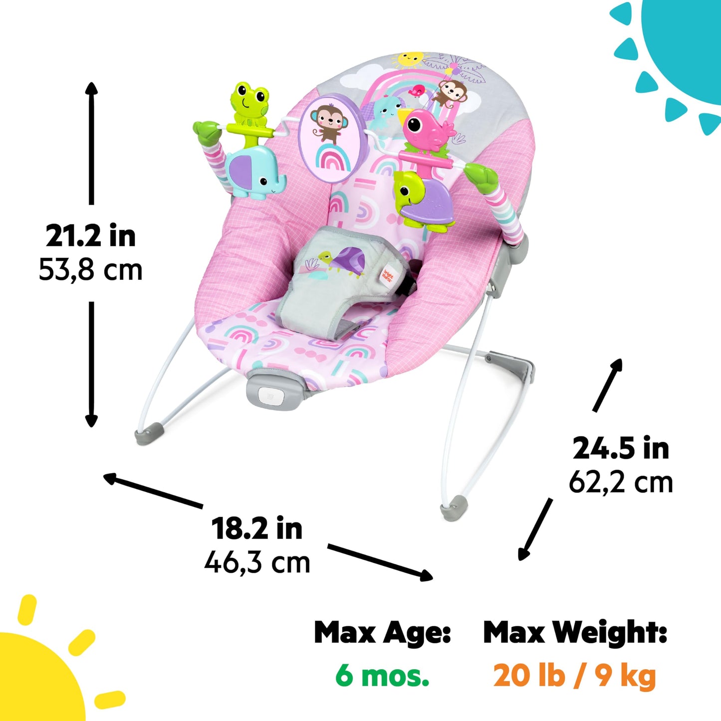 Bright Starts Pink Paradise Portable Baby Bouncer with Vibrating Infant Seat and -Toy Bar, Max Weight 20 lbs., Age 0-6 Months