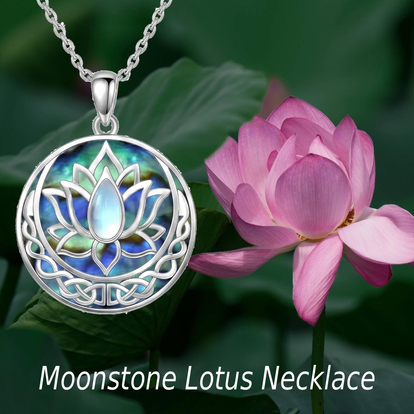 SILBAZ Lotus Necklace Moonstone Pendant Necklace Celtic Knot Pendant Yoga Lotus Jewelry for Women