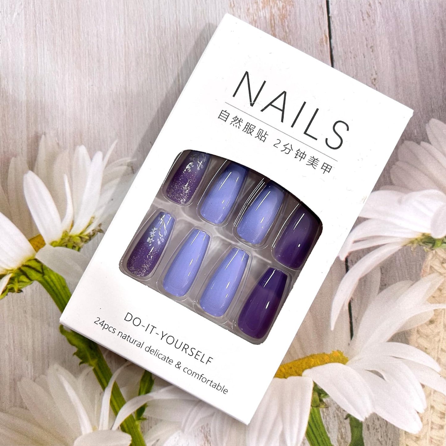 CJDLTS Light Purple False Nails Gradient Press on Nails Medium Ballet Shaped Nails Flower Pattern Design French Stick on Nails Cute Fake Nails Artificial Coffin Nails Acrylic Glue on Nails for Women
