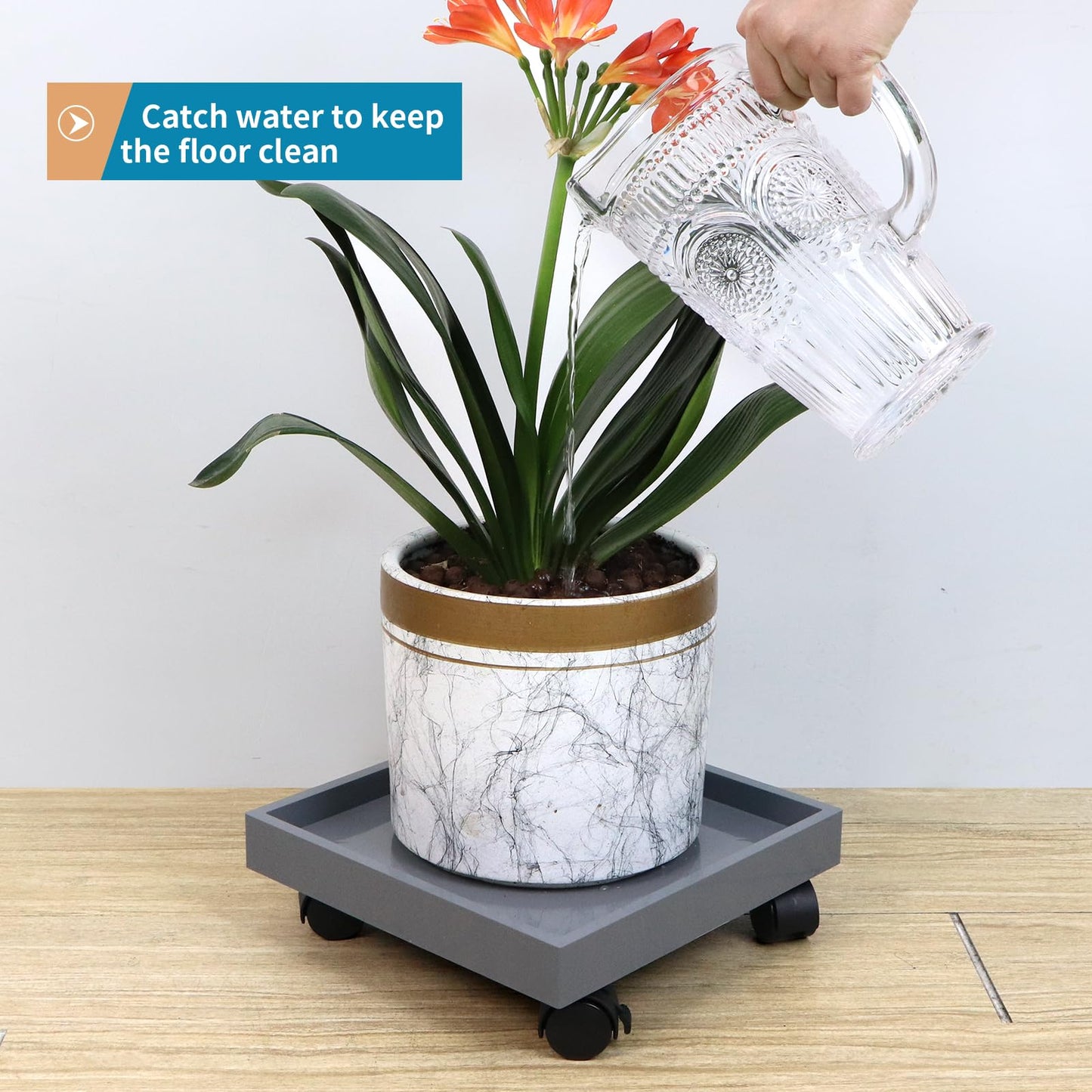 Sanbege Plant Caddy with Wheels, 11" Square Plant Pallet, Plant Pot Trolley (Grey)