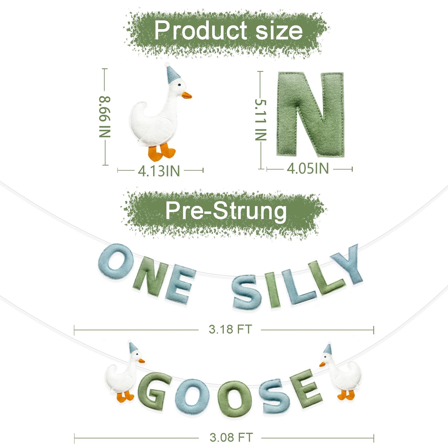 One Silly Goose Birthday Decorations Sage Green Dusty Blue Felt Handmade Pre-Strung 3d Goose 1st Bday Banner for Baby First Birthday Party Decorations Nursery Home Wall Fireplace Decor
