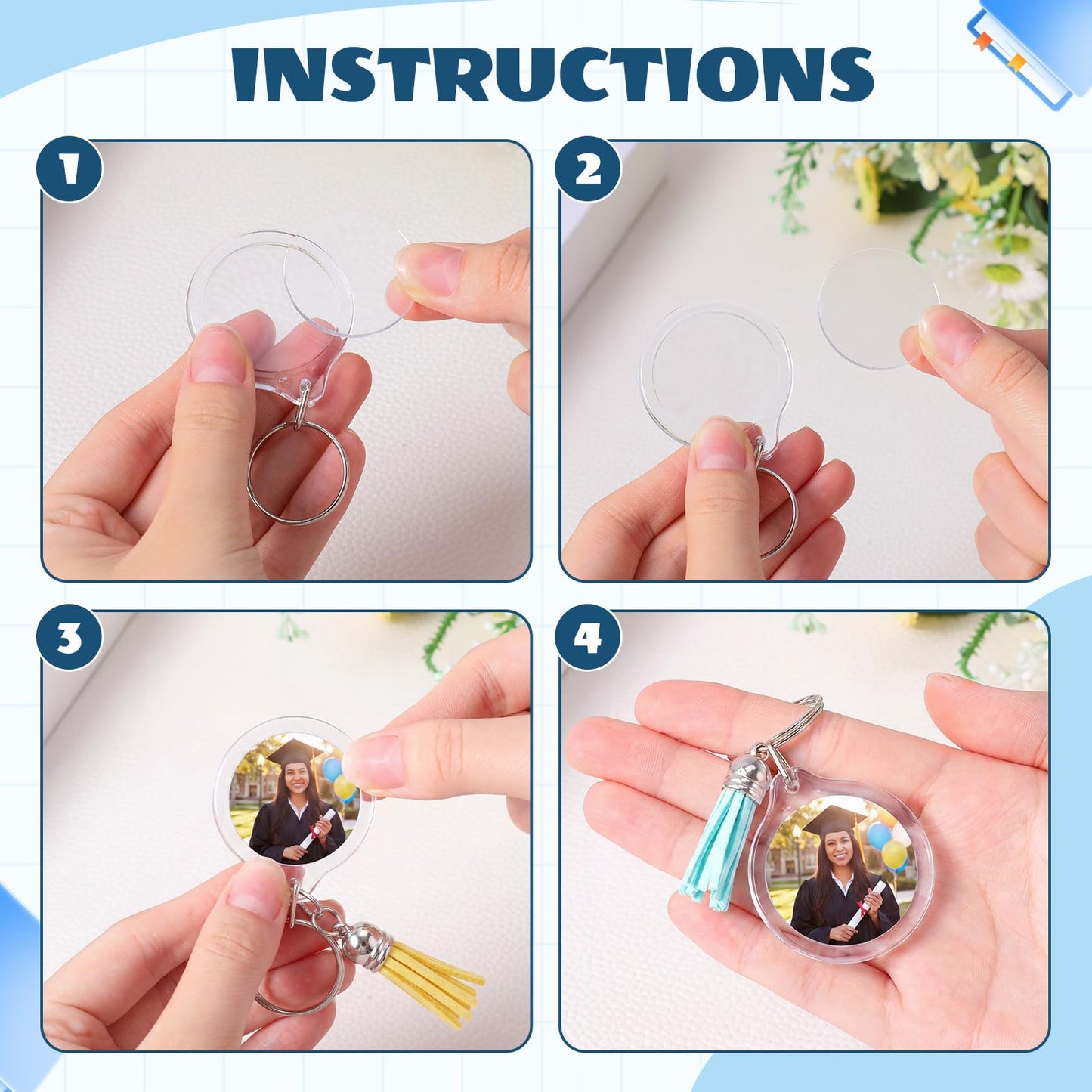 Yaomiao 50 Set Acrylic Photo Frame Keychain with Tassels, Custom Insert Photo Keyring Clear Blank Picture Keyring (Round)